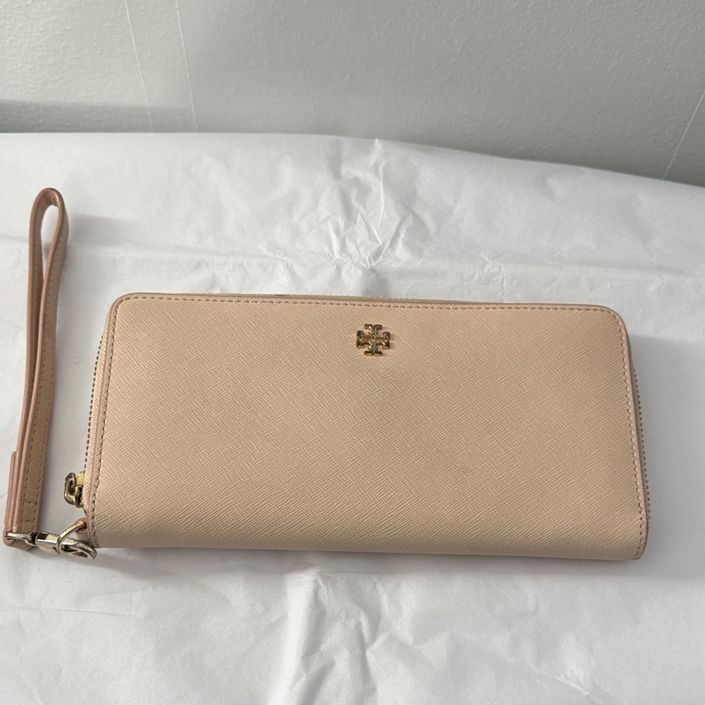 Tory Burch Beige Wristlet with Gold Logo
